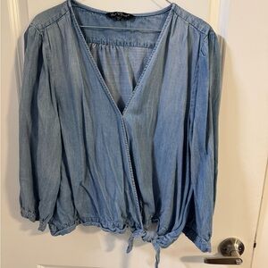 Velvet Heart Blue Puff Sleeve Wrap Blouse